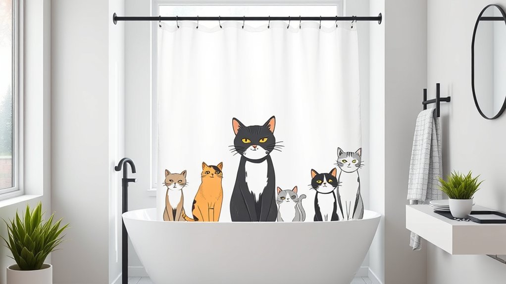 balanced cat curtain focal point in minimalist bathroom